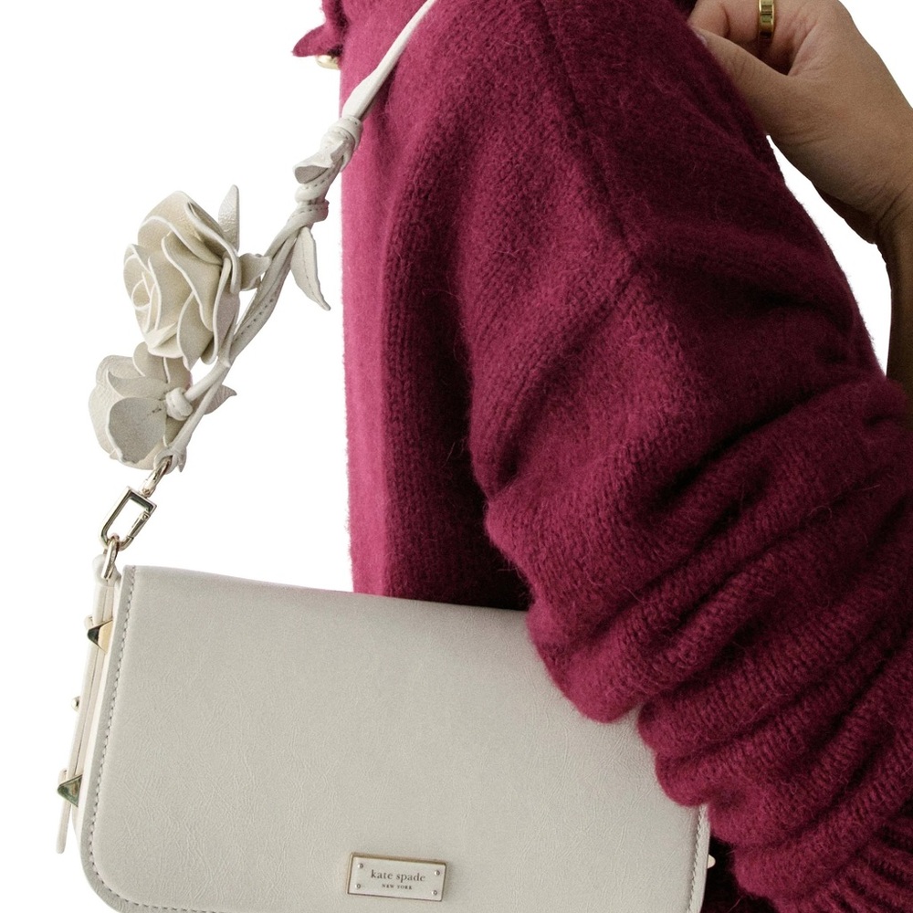 Kate Spade Liv Crinkle Patent Shoulder Bag Cashew Milk | 3D Rose | NWT - Picture 3 of 9